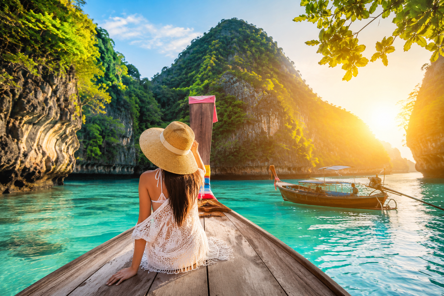Expérience en bateau traditionnel dans une baie tropicale de Thaïlande